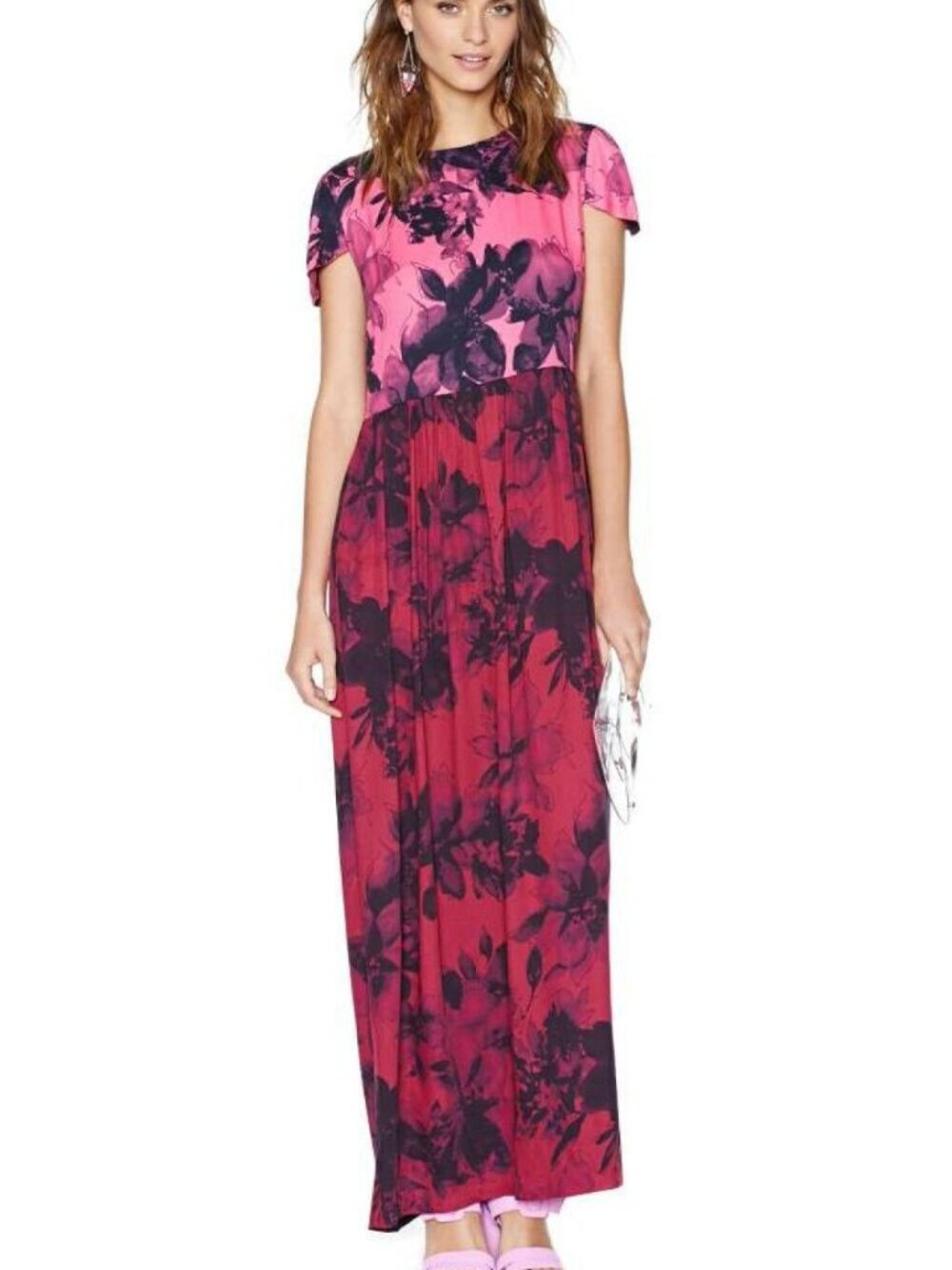 Shakuhachi Size L Maxi Petal Press Dress Black Pink Floral Print